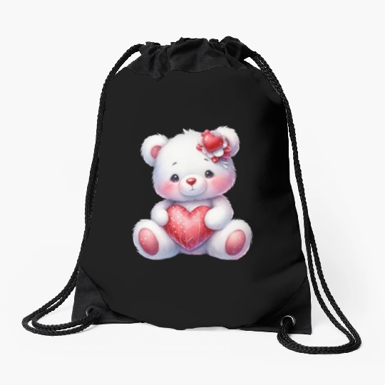 White Teddy Bear Love Valentine's Day Red Heart Drawstring Bags