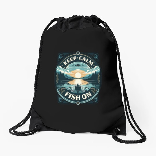 Serene Fisherman's Sunrise - Keep Calm and Fish On Drawstring Bags