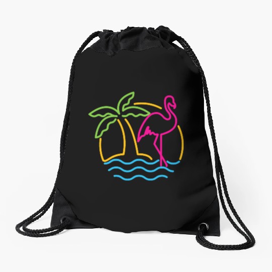 80s Vintage Miami Retro Neon Pink Flamingo Drawstring Bags