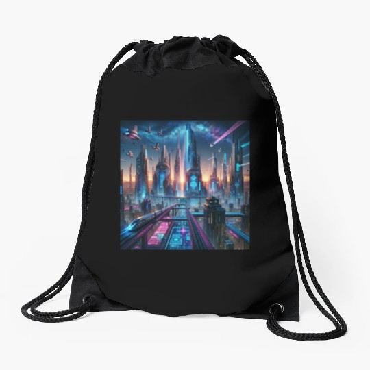 Future Metropolis Neon Cityscape at Night Drawstring Bags