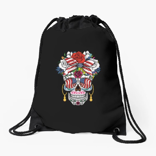 July 4Th Us Flag Dia De Los Muertos 4Th Of July In Drawstring Bags