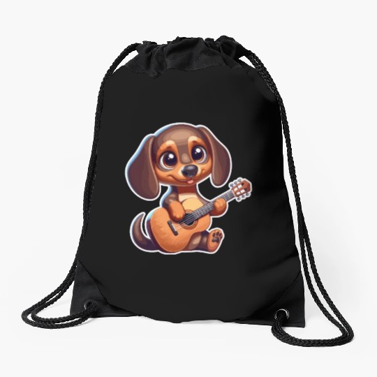 Cute Dachshund playing Guitar Drawstring Bags