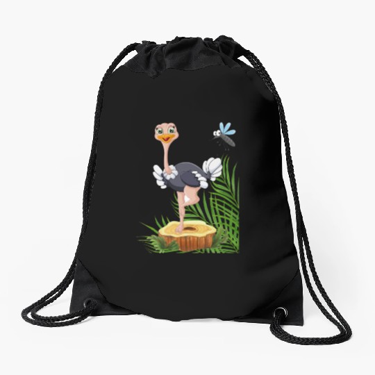 Whimsical Stork with Insect View Drawstring Bags