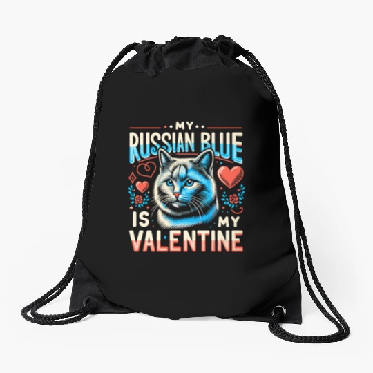 Russian Blue Cat Love Cute Valentine's for Cat lov Drawstring Bags