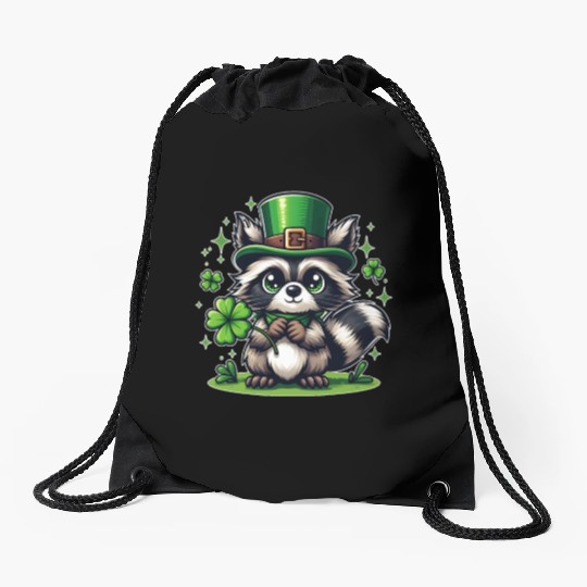 St. Patrick's Day Raccoon Revelry Drawstring Bags
