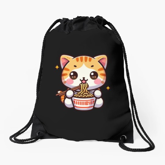 Cute Cat Eating Ramen Drawstring Bags