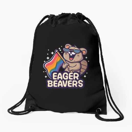 Eager Beavers with Pride LGBT Flag Drawstring Bags