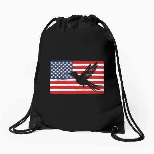 Hummingbird Us Flag Us American Flag Drawstring Bags