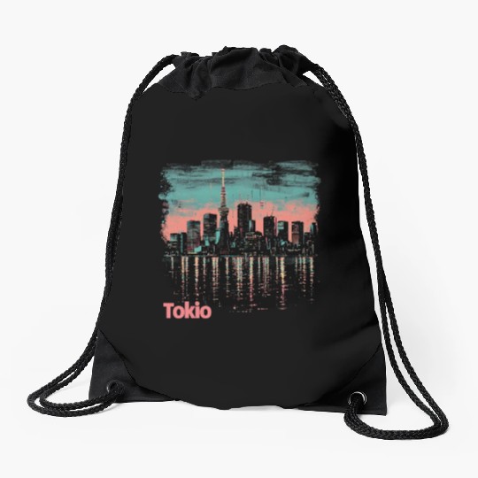 Tokyo Skyline Drawstring Bags
