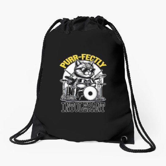 Cat Drummer, Purrfectly Intolerant Beat Master Drawstring Bags