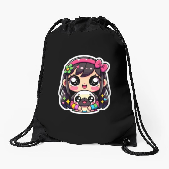 Puppy Hugs - Charming Girl Embracing Cute Pug Drawstring Bags