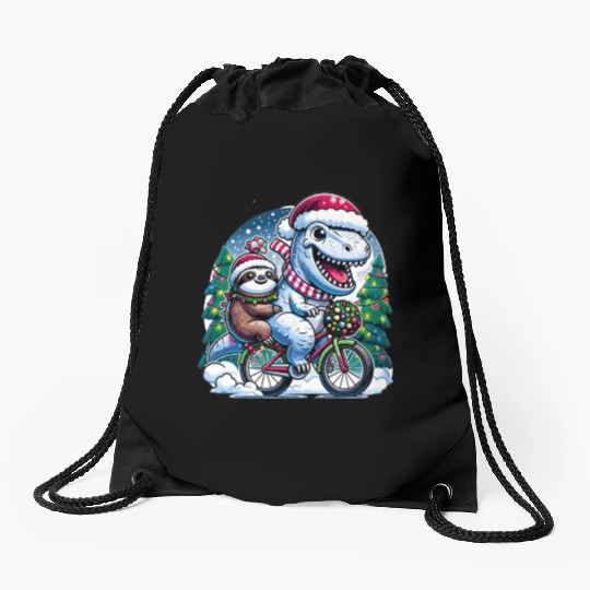 Winter Wonderland T-Rex and Sloth Cycling Duo Drawstring Bags