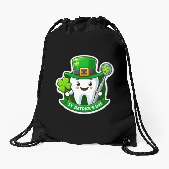St patricks day cartoon dentist design, cute tooth Drawstring Bags