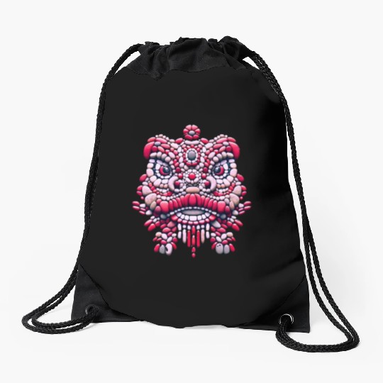 Chinese New Year - Pink Peony Lion Dance Mask Drawstring Bags