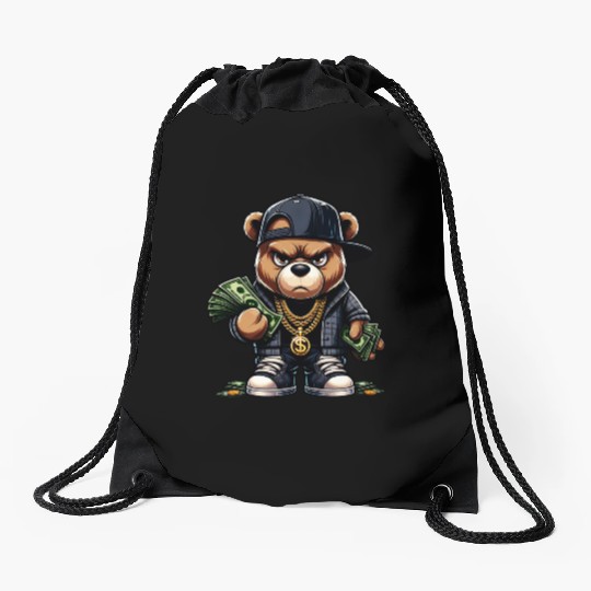teddy bear with money Drawstring Bags