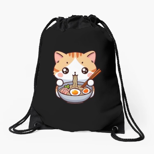 Cute Cat Eating Ramen Drawstring Bags
