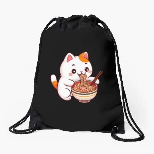 Cute Cat Eating Ramen Drawstring Bags