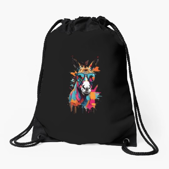 artistic unique donkey design with sun glasses Drawstring Bags