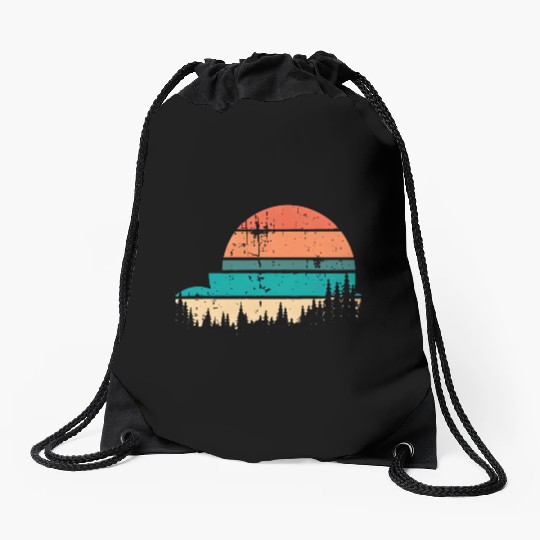 Retro Evergreen Sunset Stepped Circle Design Drawstring Bags