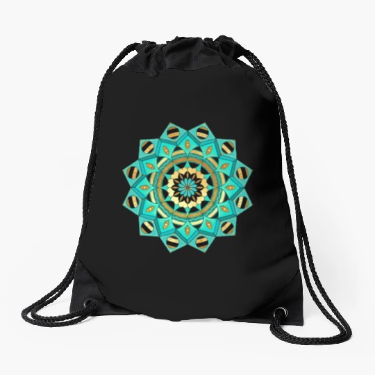 Mandala blue gold black with hearts Drawstring Bags