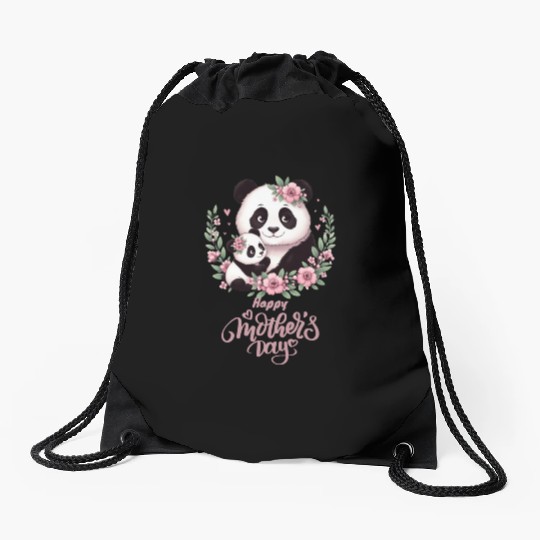 Happy Mother's Day Floral Wreath Mum Panda Drawstring Bags