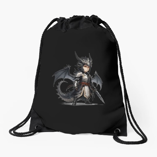 Chibi dragonwarrior Pose in Full armor Drawstring Bags