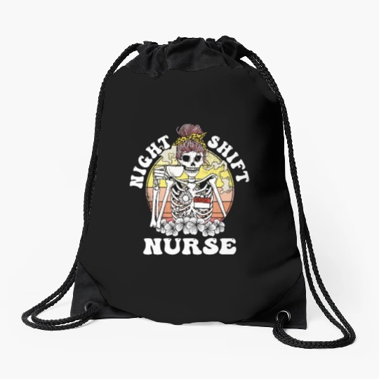 Funny Night Shift Nurse Skeleton Halloween RN Drawstring Bags