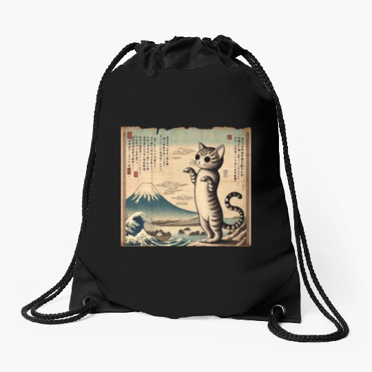 Mt. Fuji Kitten Papyrus Scroll Retro Japanese Art Drawstring Bags
