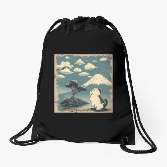 Mt. Fuji Kitten Papyrus Scroll Retro Japanese Art Drawstring Bags