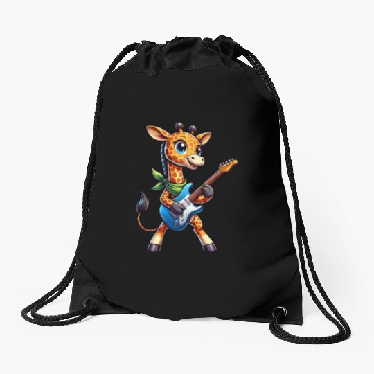 A cool giraffe playing guitar musician Drawstring Bags