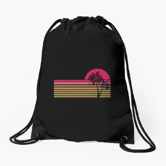 Retro Palm Tree Sun Rise Drawstring Bags