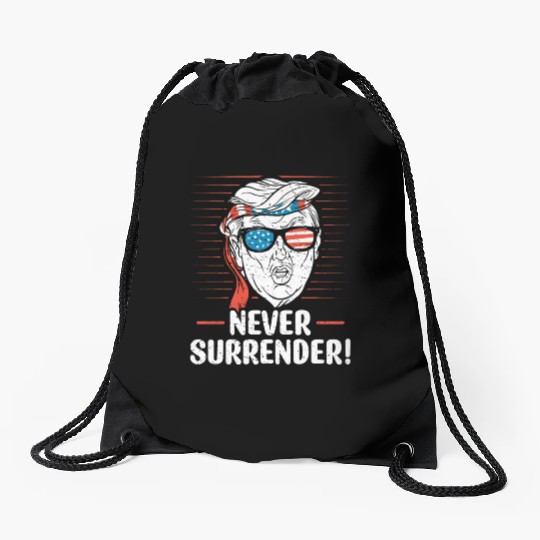 Trump Never Surrender Mug Shot Drawstring Bags
