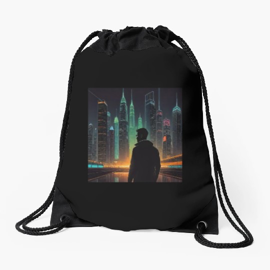 Neon Horizon: A Futuristic Cityscape Drawstring Bags