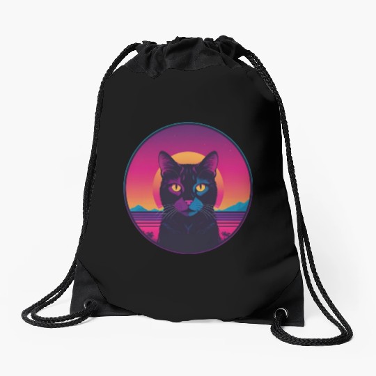Synthwave Black Cat Drawstring Bags