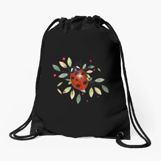 red glowing ladybug with green leaves Drawstring Bags