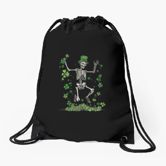 St Patricks Skeleton Dancing With Shamrocks Drawstring Bags