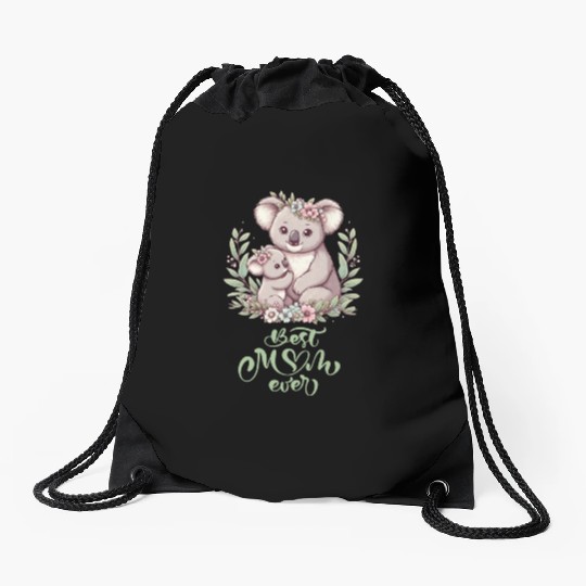 Best Mom Ever Koala Embrace Floral Wreath Drawstring Bags