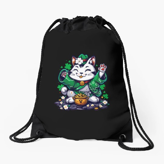 Kawaii St Patricks Day Cat With a Pot Of Gold Drawstring Bags