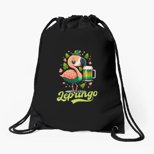 Irish Flamingo St Patricks Lepringo Drawstring Bags