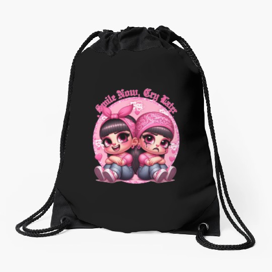 Smile Now Cry Later Drama girls Chicano Art Drawstring Bags