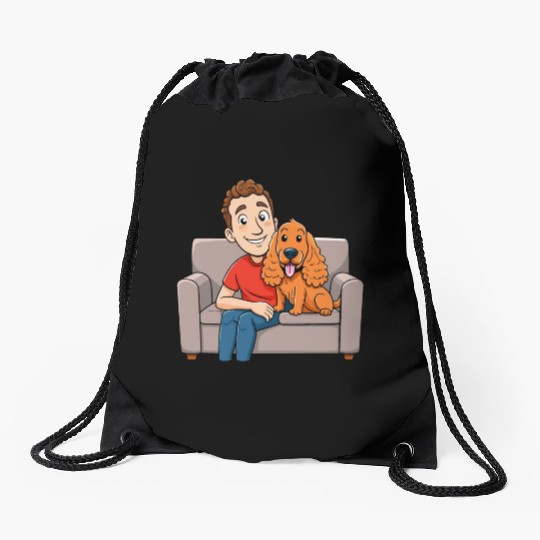 Loving Cocker Spaniel Cuddling on Couch Cartoon Ar Drawstring Bags
