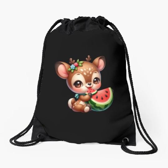 Deer Eating Watermelon Drawstring Bags