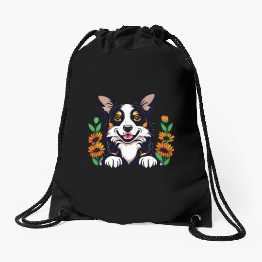 Happy Border Collie Dog With Flowers Drawstring Bags