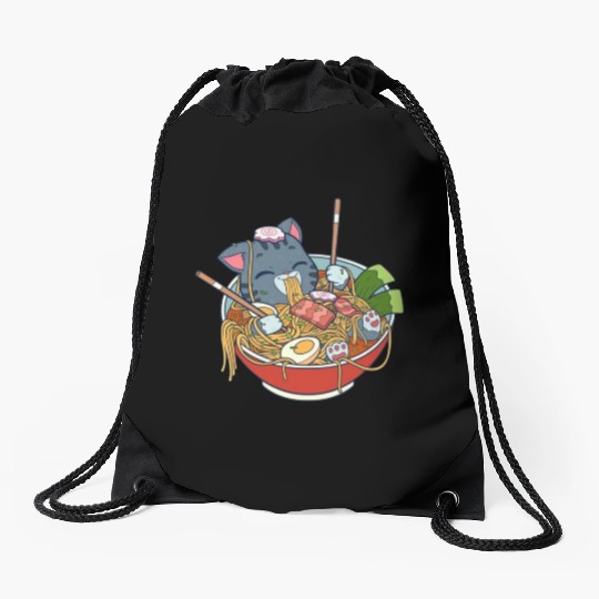 cat eating ramen Drawstring Bags