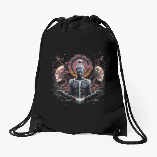 Buddha's Serenity: Cherry Blossom Waterfall Drawstring Bags