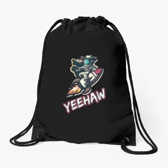 Space Cowboy Riding a Rocket with Yeehaw Slogan Drawstring Bags