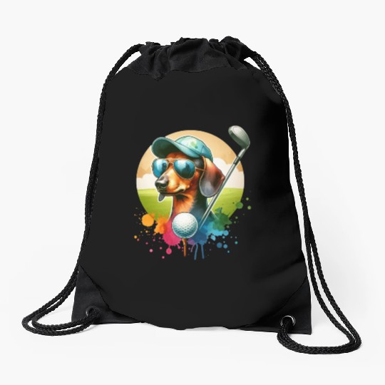 Dachshund Golfer Golfing Wiener Dog Owner Design Drawstring Bags