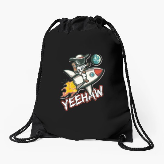 Space Cowboy Riding a Rocket with Yeehaw Slogan Drawstring Bags
