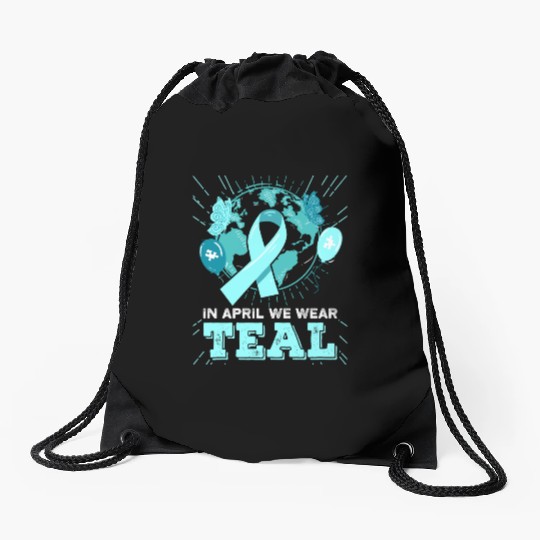 Sexual Assault Awareness Teal Ribbon With Cat Drawstring Bags