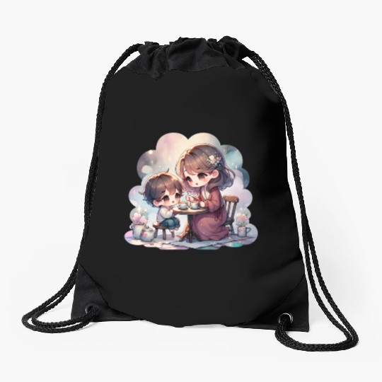 Mother and Son Enjoying a Cozy Tea Party Drawstring Bags